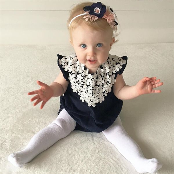

newborn baby girl clothes navy blue romper jumpsuit sleeveless lace flower sunsuit playsuit outfits summer kids infant toddler girl clothing