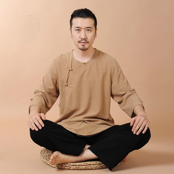 

men yoga set for beginners natural linen cotton yoga two piece set chinese zen suit loose type sportswear running clothing, White;red