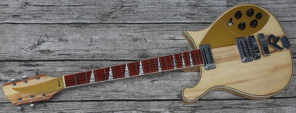 

660 6 strings natural electric guitar neck thru body, gloss varnish red fingerboard, checkerboard binding, sparkle gold pickguard