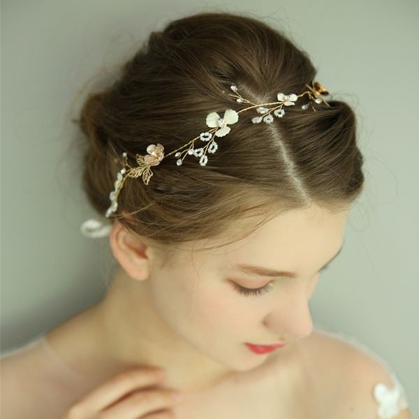Simple Gold Floral Hair Vine Beads Bridal Headband Leaf Rhinestone
