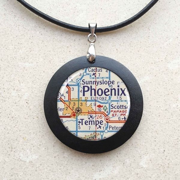 Phoenix Map Necklace Resin Charm Round Silver Color Map Charm Pendant Charm Phoenix Arizona Map Jewelry