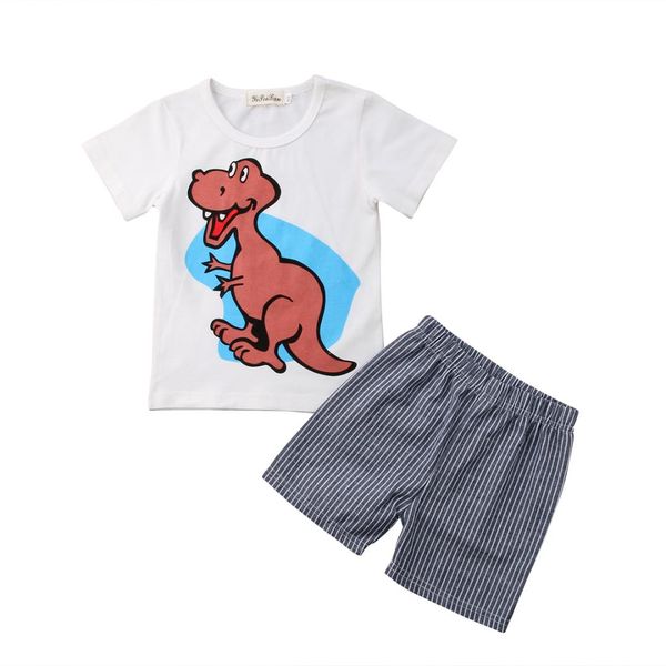 

pudcoco cartoon dinosaur print kids baby boys 2pcs clothes set summer t-shirt+ shorts cotton outfits boys clothing 1-7y, White