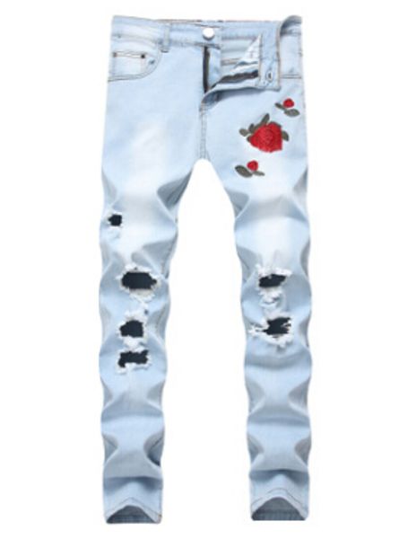 

rose embroidery jeans fashion blue black ripped male tide slim pants ceax