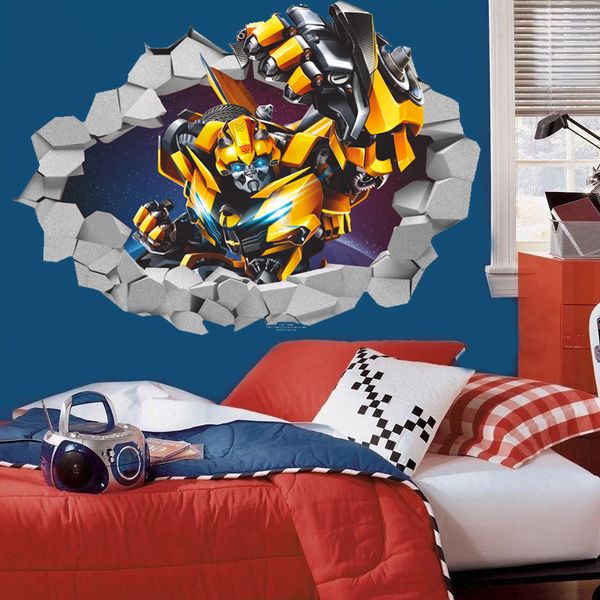 3d Effect Transformers Bumblebee Through Wall Stickers For Kids Room Bedroom Decoration Cartoon Movie Wall Decals Art Mural Wall Sticker Mural Wall