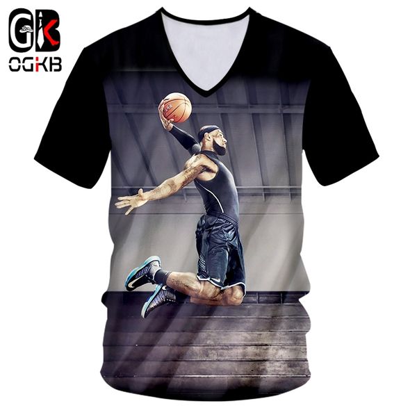 

ogkb t shirts man's new v short sleeve character 3d tee shirt print basketball streetwear large size garment male spring t-shirt, White;black