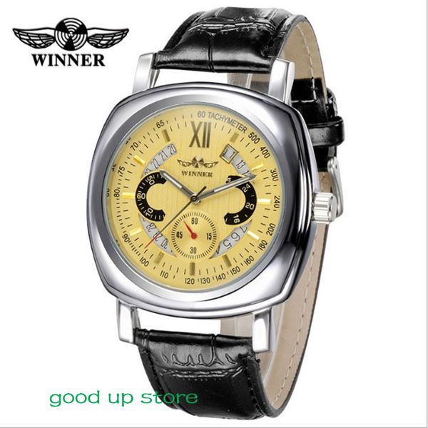 

winner 45mm high-end men's casual watch yellow automatic mechanical watch leather strap business men's watch wholesale, Slivery;brown