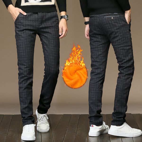 

lguc.h high quality autumn and winter fleece warm winter pants men slim thick section plaid pants men casual long mens, Black