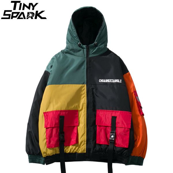 

harajuku jacket streetwear multi pockets retro color block hooded jacket winter hip hop men parkas thick windbreaker 2018 hiphop, Black