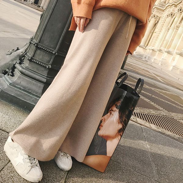 

brand designer women wool tracksuits 2018 autumn winter casual thick drawstring elastic waist wide leg knitted pants trousers knitwear, Black;white