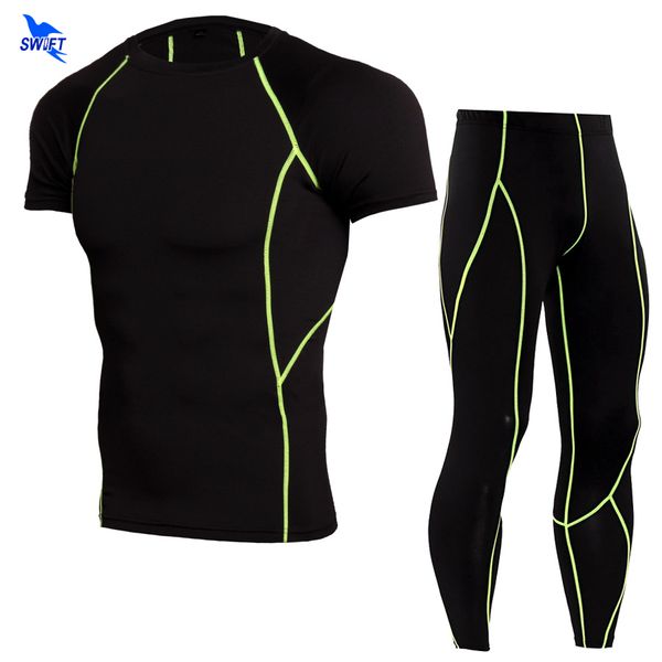 

compression muscle men tracksuit quick dry running set fitness tights short sleeve t-shirt+pants men sportswear gym sports suit, Black;blue