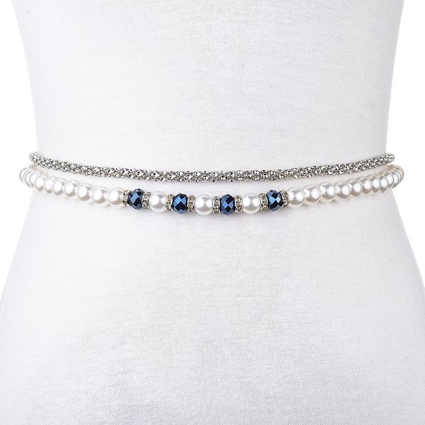 

lady dress belt sweet flowers all-match imitation pearl waist chain belt beaded elastic dress decorative bl246, Black;brown