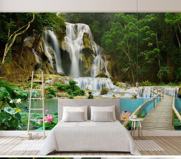 

в розницу пользовательские пейзаж водопад 3d пейзаж фон настенная живопись сосна зеленый водопад летающий поток цветок лотоса нежная роспись