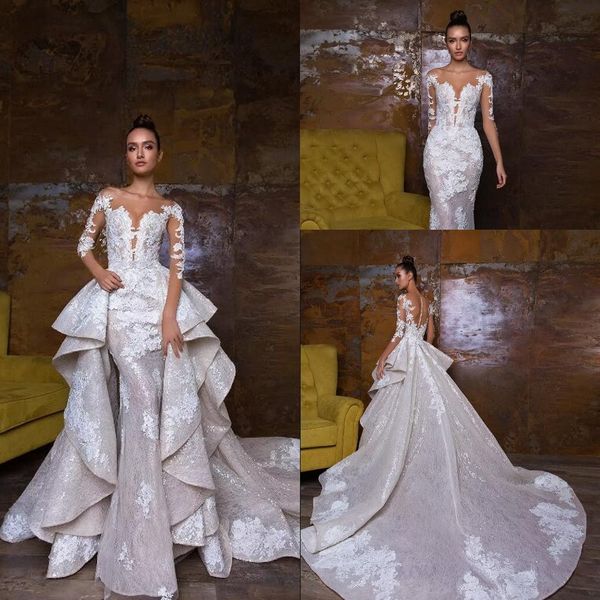 

2018 чешские свадебные платья со съемными overskirts свадебные платья кружева аппликация sheer длинные рукава русалка свадебные платья, White