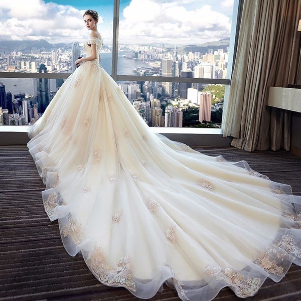 

cathedral wedding dresses off the shoulder beaded lace appliques corset back bridal gowns with long train, White