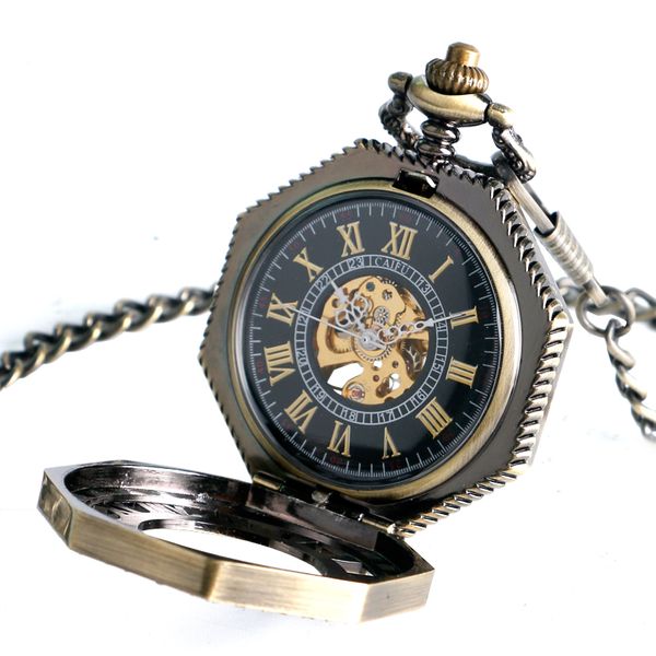 

vintage pocket watch octagon roman numbers mechanical pocket watch hollow hand wind gift for men 2018, Slivery;golden