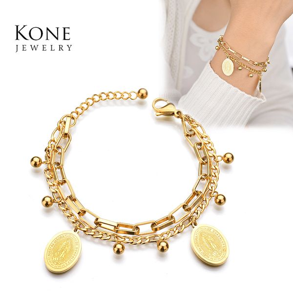 

charms christian jewelry the virgin mary gold color bead stainless steel bracelets for women gift drop ship, Black