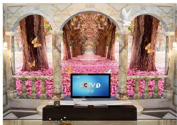 

3d romantic cherry blossom background wall jade carving screen rear view mural