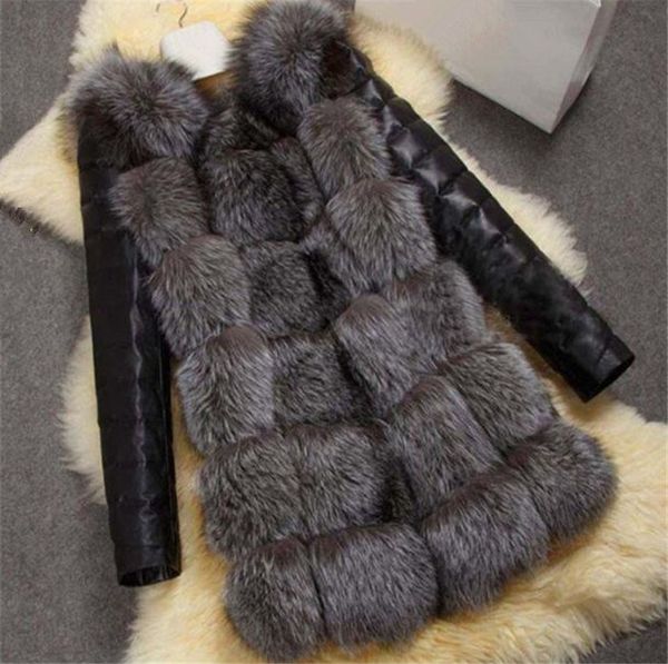 

new silver fur coat pu sleeves winter warm plus size coat overcoat, Black