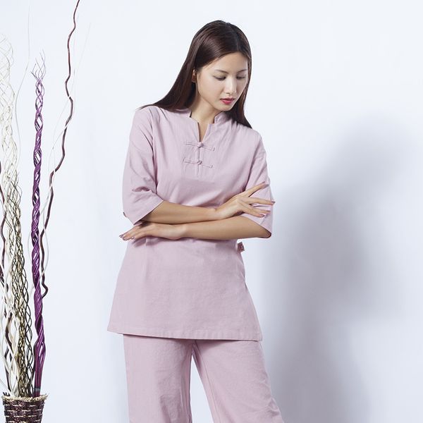 

yoga outfits cotton and linen meditation clothes fitness outdoor sports female jushi tai chi suit, White;red