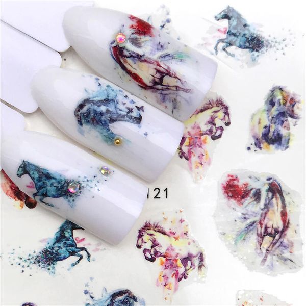 

wuf 2019 new arrivial nail stickers horse series water decal flower plant pattern 3d manicure sticker nail water sticker, Black