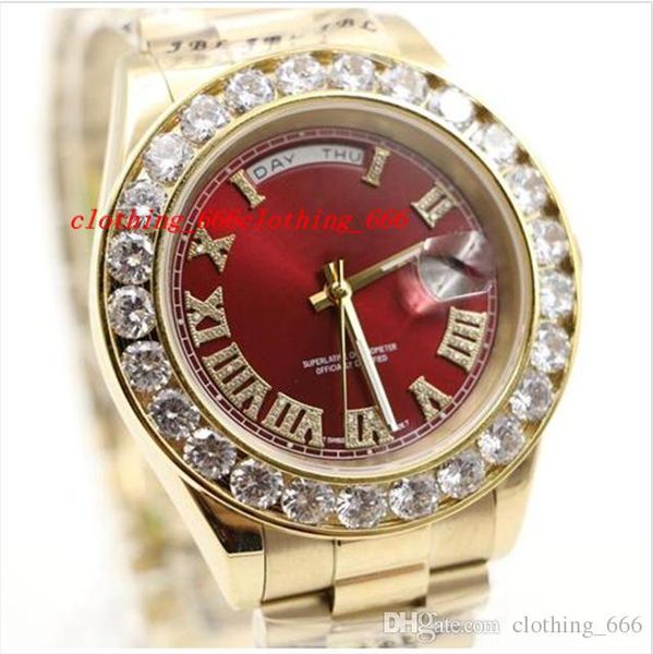 

luxury wristwatch 18k mens yellow gold 36mm red dial bigger diamond watch 6.0 ct automatic mechanical men watches new, Slivery;brown