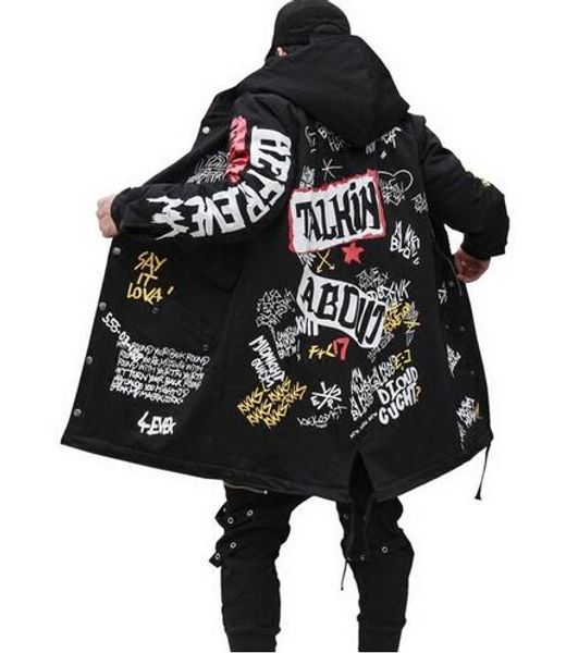 

winter men's new parkas jacket graffiti print hooded cotton wadded coats high street hip hop long padded thick outerwear, Tan;black