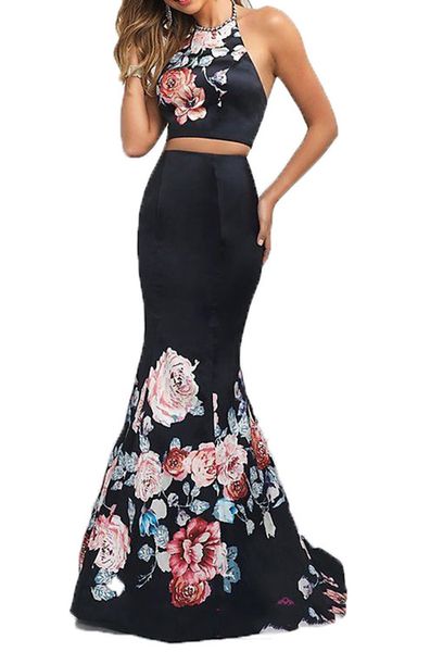 

2018 two pieces formal evening dresses halter printing floor length prom party gowns prom dresses long for women formal, Black