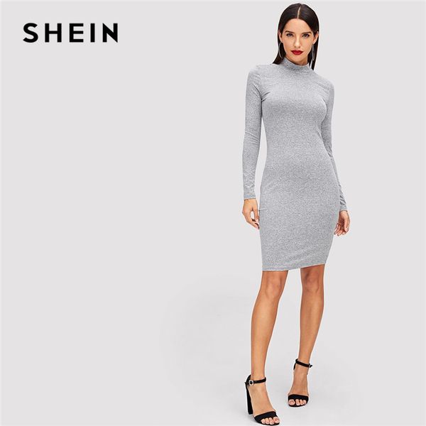 

shein grey elegant office lady mock neck heathered knit solid natural waist skinny dress autumn casual minimalist women dresses, White;black