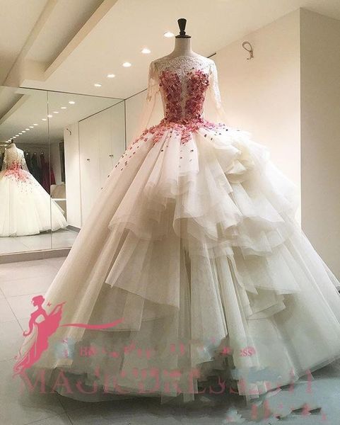 

gorgeous 2018 ball gown wedding dress long sleeve illusion with red appliques jewel tulle tiered ruffled skirts custom made bridal gowns, White