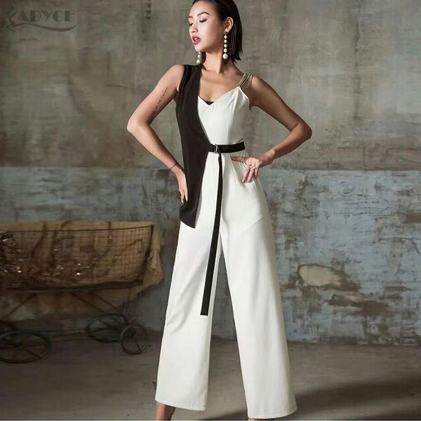 

adyce 2018 new summer women fashion jumpsuits elegant white sexy v-neck chain beading jumpsuit celebrity party club bodysuits, Black;white