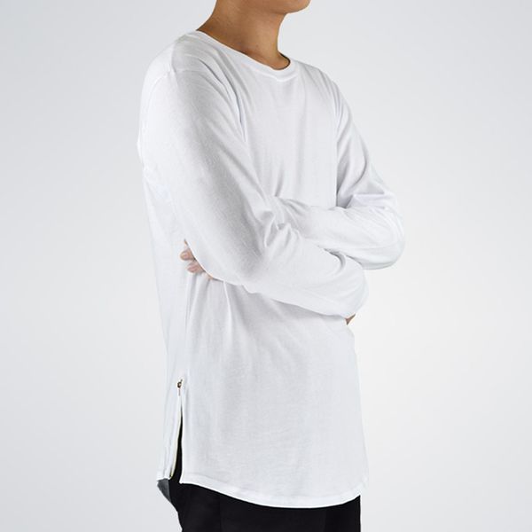 

Male Street Wear T Shirt Men Extend Swag Side Zip T Shirt Super Longline Long Sleeve T -Shirt With Curve Hem And Zip