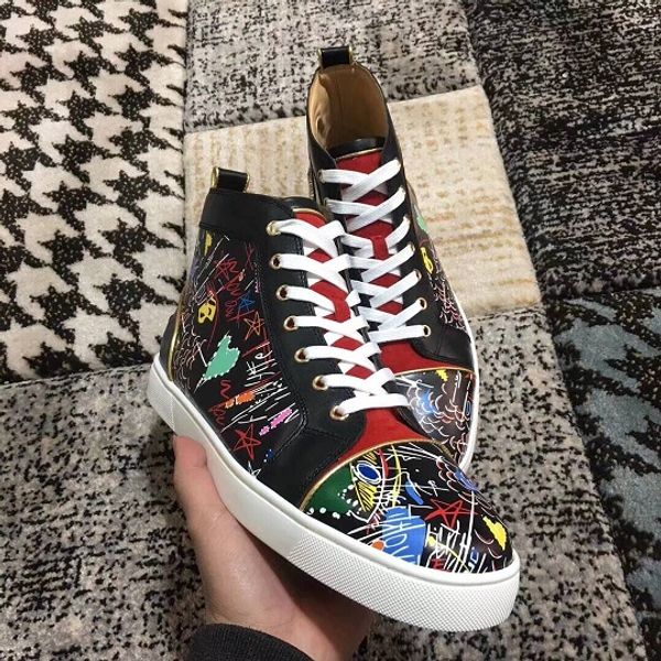 

белый, черный граффити кожаные кроссовки обувь роскошная марка high top red bottom мужчины женщины повседневная известный красной подошвой н, Black