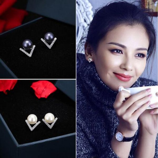 

jewelry s925s sterling silver needle earrings for women v shape pearl graceful wholesale fashion of shipping, Golden;silver