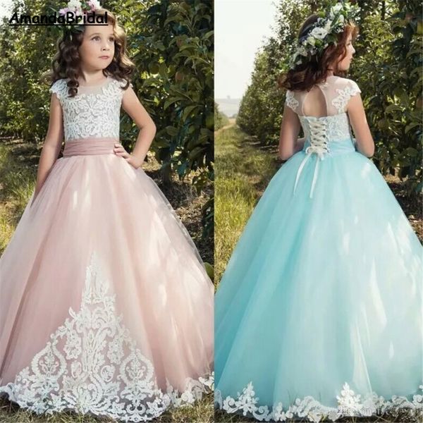 

amandabridal lace flower girl dresses with bow beaded crystal lace up applique ball gown first communion dress for girls vestidos long, White;blue