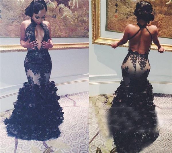 

black halter floral mermaid prom dresses backless lace tulle appliques sweep train party evening dresses
