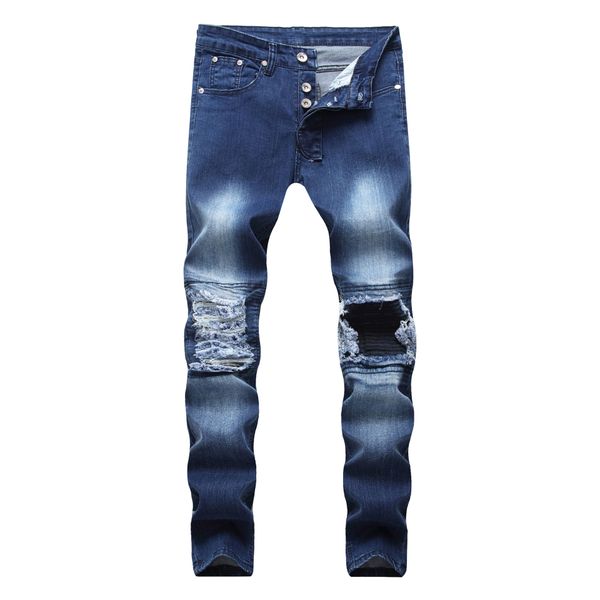 

2018 high street blue washing gradient men's jeans male blue distressed hole locomotive fold pleated jeans men