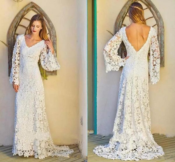 

romantic full lace long sleeve a line wedding gowns bridal dress 2018 v neck sweep train ivory bohemian beach wedding, White