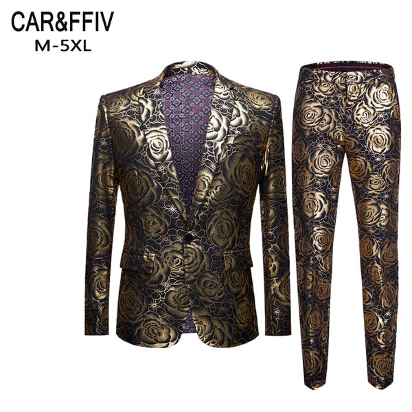 

car&ffivbrand new tide male plus size 5xl gold floral pattern slim fit mens suits with pants wedding groom tuxedo singer costume, White;black