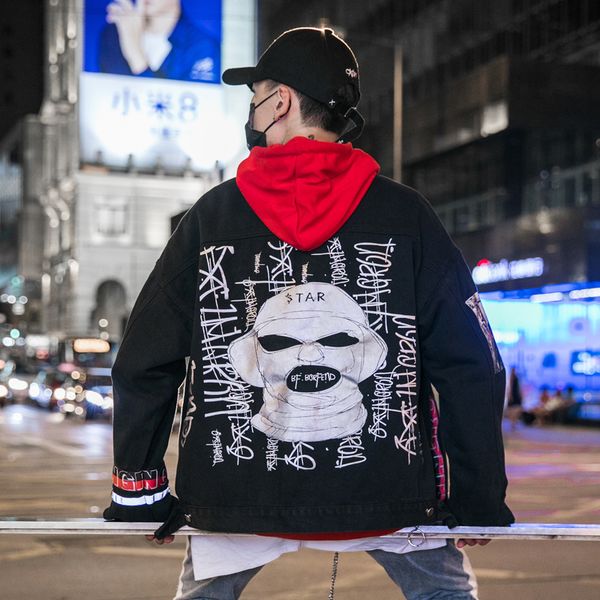 

2018 autumn denim jacket hip hop 3m reflective print clown jeans jacket us size s-xxl, Black;brown