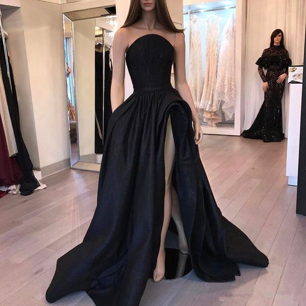

Arabic Dubai 2018 Black Strapless A Line Prom Dresses Floor Length Split Evening Gowns Celebrity Dress