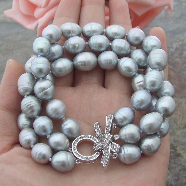

8'' 3 rows grey rice pearl bracelet, Black