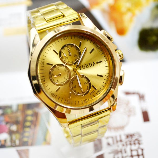 

jhlf new large surface gold plate steel band men's watch fashion student watches male quartz watches for foreign trade, Slivery;brown