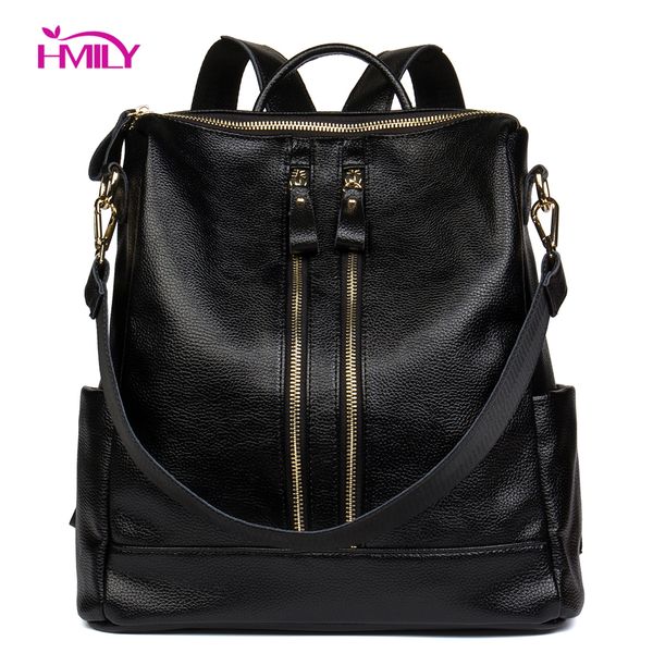 

hmily backpack female genuine cow leather women knapsack zipper trendy ladies shoulder bag classic black women travel bag daily