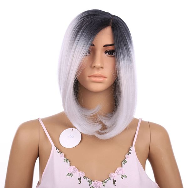 

12 inch none front lace wigs grey ombre haircut straight heat resistant glueless side part synthetic lace frontal bob wig, Black