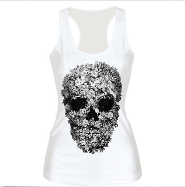 

girls ladies tank casual women skull print vest bottoming t-shirt tee, White