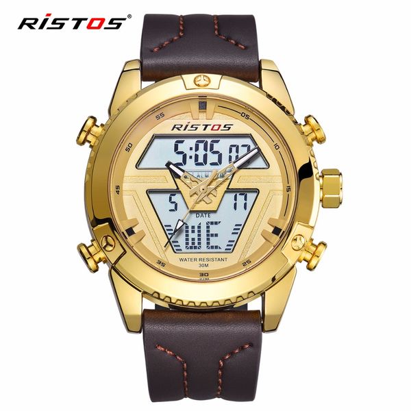 

ristos men sports watches analog wristwatch multifunction male chronograph watch leather strap man relojes masculino hombre 9368, Slivery;brown