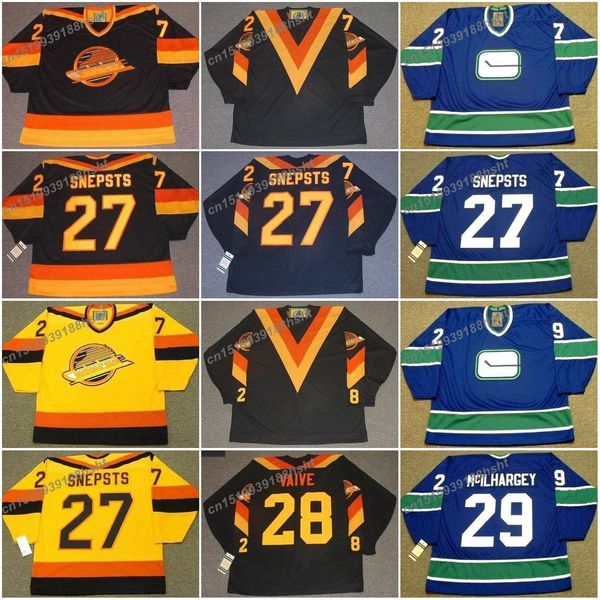 

27 harold snepsts 28 rick vaive 29 jack mcilhargey vancouver canucks 1976 ccm vintage hockey jersey, Black;red