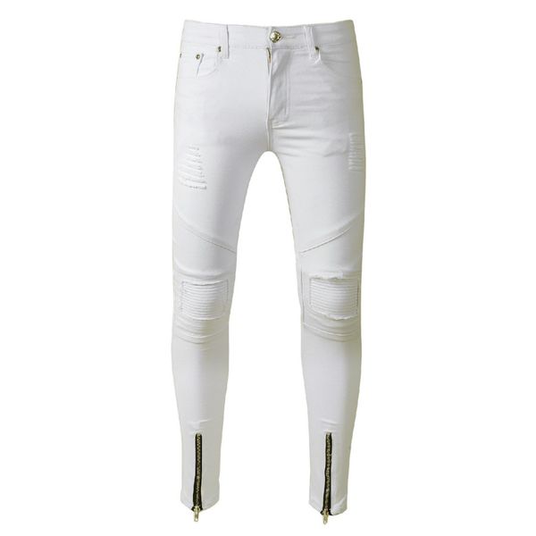 

white skinny ripped jeans men zipper cuff super slim stretch denim jeans pants male streetwear hip hop biker trousers black blue