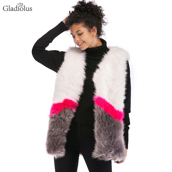 

gladiolus patchwork autumn winter coat 2018 women thick warm furry faux fur vest women fashion long waistcoat fake fur coats, Black