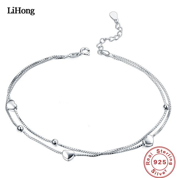 

solid silver 925 silver anklet woman double heart anklet 100% 925 sterling summer fashion jewelry, Red;blue